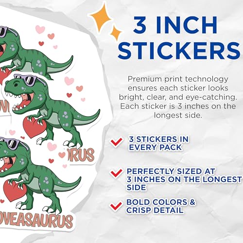 (3 Pack) Lovesaurus Decals - Dinosaur with Heart - Valentine Dino Decals - 3 Inches On Longest Side - Easy Peel & Apply - Made in USA - 3MCS2303