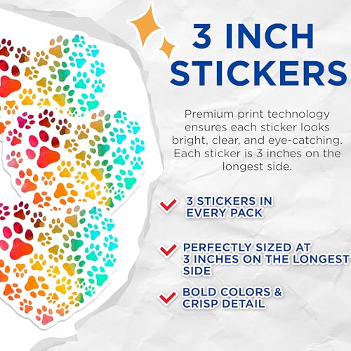 (3 Pack) Paw Print Heart Decals - Dog Cat Pet Lover - Colorful Watercolor Art - 3 Inches On Longest Side - Easy Peel & Apply - Made in USA - 3MCS2176