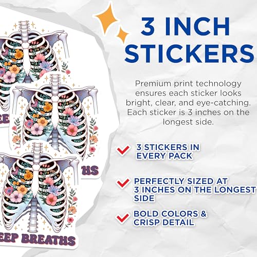(3 Pack) Floral Skeleton Decals - Deep Breaths Quote - Anatomy Art Sticker - 3 Inches On Longest Side - Easy Peel & Apply - Made in USA - 3MCS7013