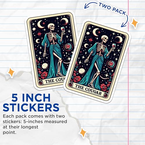 (2 Pack) Skeleton Cougar Stickers - Retro Skeleton Tarot Stickers - Spooky Skeleton Halloween Stickers - 5" On Longest Side - Sticks to Smooth Flat Surfaces - Made in USA - BMCS5372