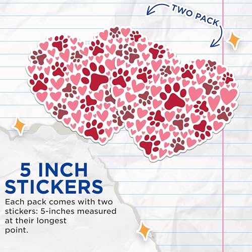 (2 Pack) Heart Paw Print Stickers - Pet Lover Stickers - Cute Animal Stickers - 5" On Longest Side - Sticks to Any Smooth Flat Surface - Made in USA - BMCS2896