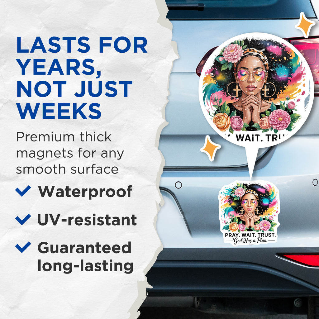 (2 Pack) Pray Wait Trust Magnets - God Has a Plan Christian Art - Inspirational Woman of Faith Decor - 5 Inches On Longest Side - Thick Durable Magnet - Made in USA - MAG37420