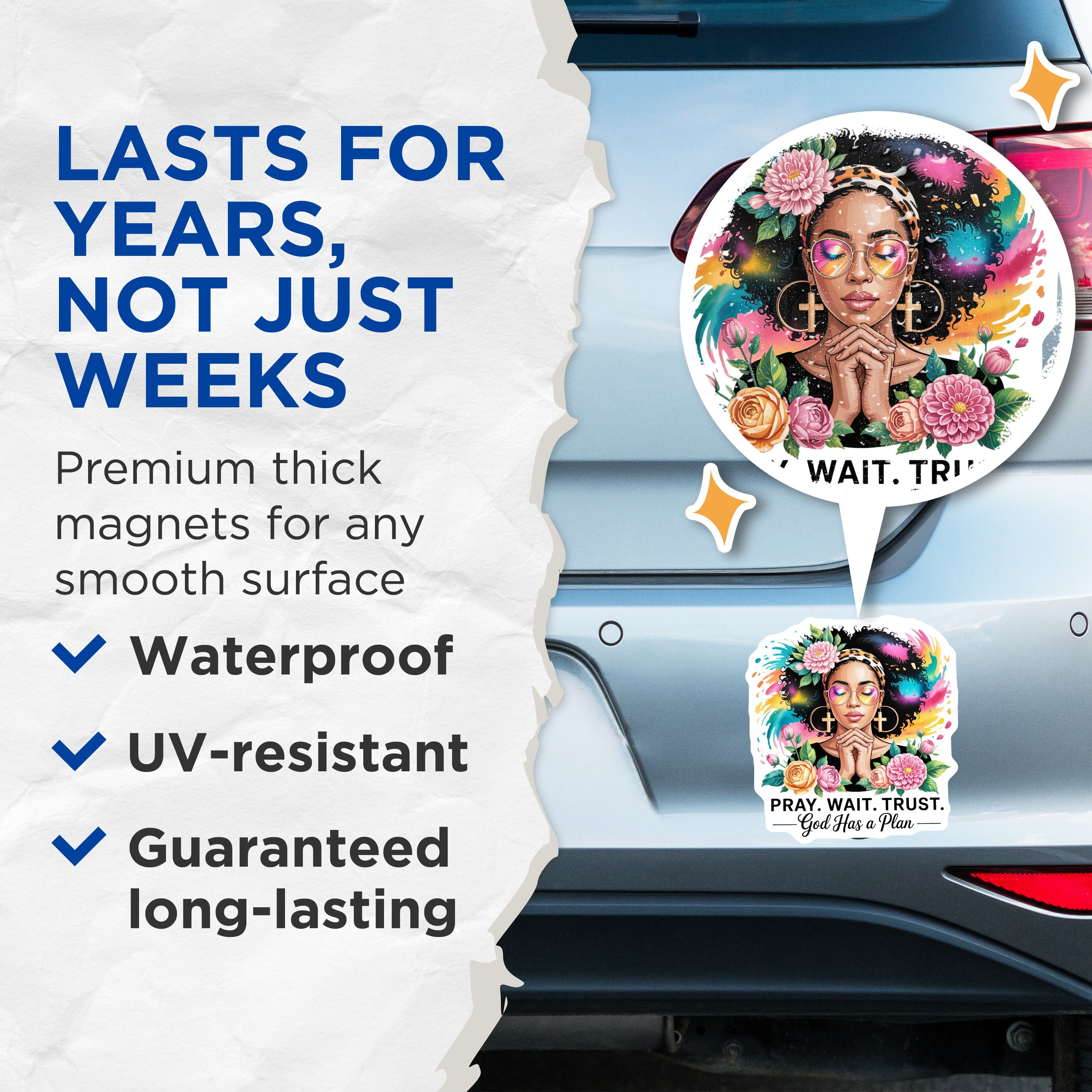 (2 Pack) Pray Wait Trust Magnets - God Has a Plan Christian Art - Inspirational Woman of Faith Decor - 5 Inches On Longest Side - Thick Durable Magnet - Made in USA - MAG37420