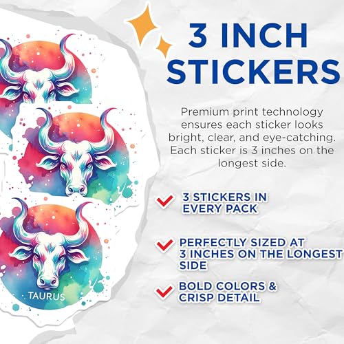 (3 Pack) Taurus Zodiac Decals - Watercolor Astrology Decal - Bull Sign Decals- 3 Inches On Longest Side - Easy Peel & Apply - Made in USA - 3MCS5319