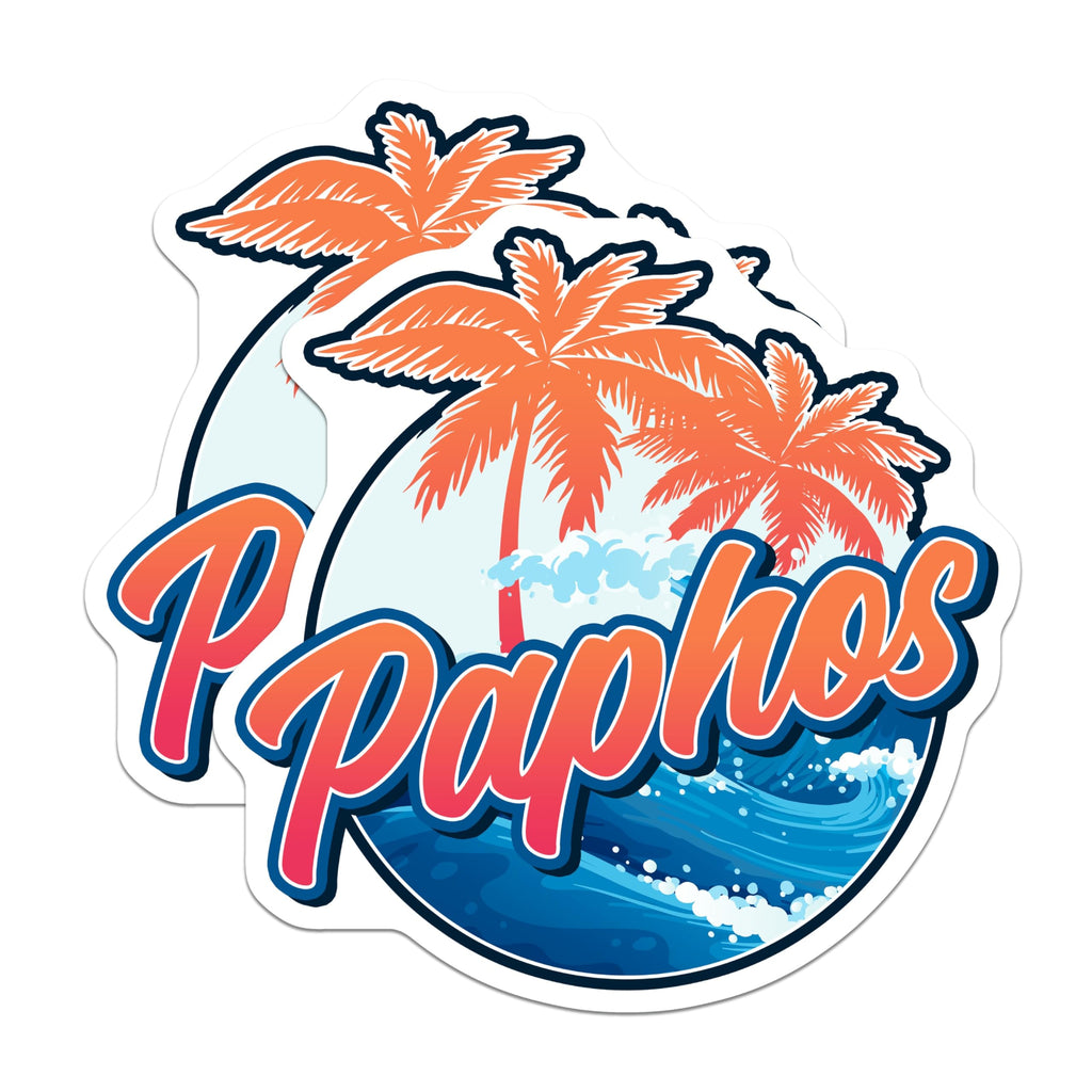 (2 Pack) Paphos Magnets - Cyprus Travel Souvenir Collectibles - Tropical Palm Tree Ocean Waves Fridge Decor - 5 Inches On Longest Side - Thick Durable Magnet - Made in USA - MAG19367