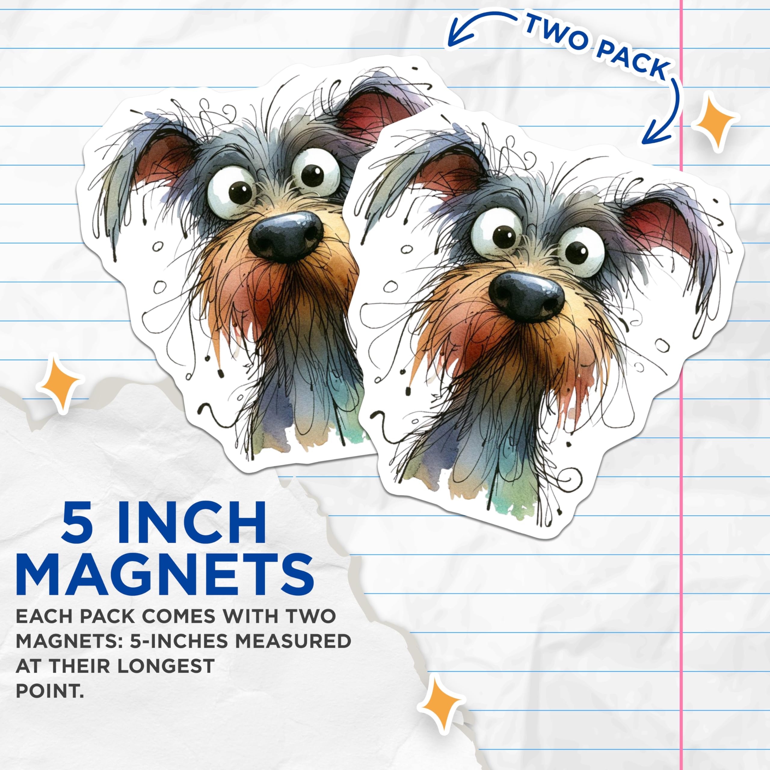 (2 Pack) Funny Watercolor Dog Magnets - Shaggy Pet Art Decor - Goofy Animal Lover Present - 5 Inches On Longest Side - Thick Durable Magnet - Made in USA - MAG27004