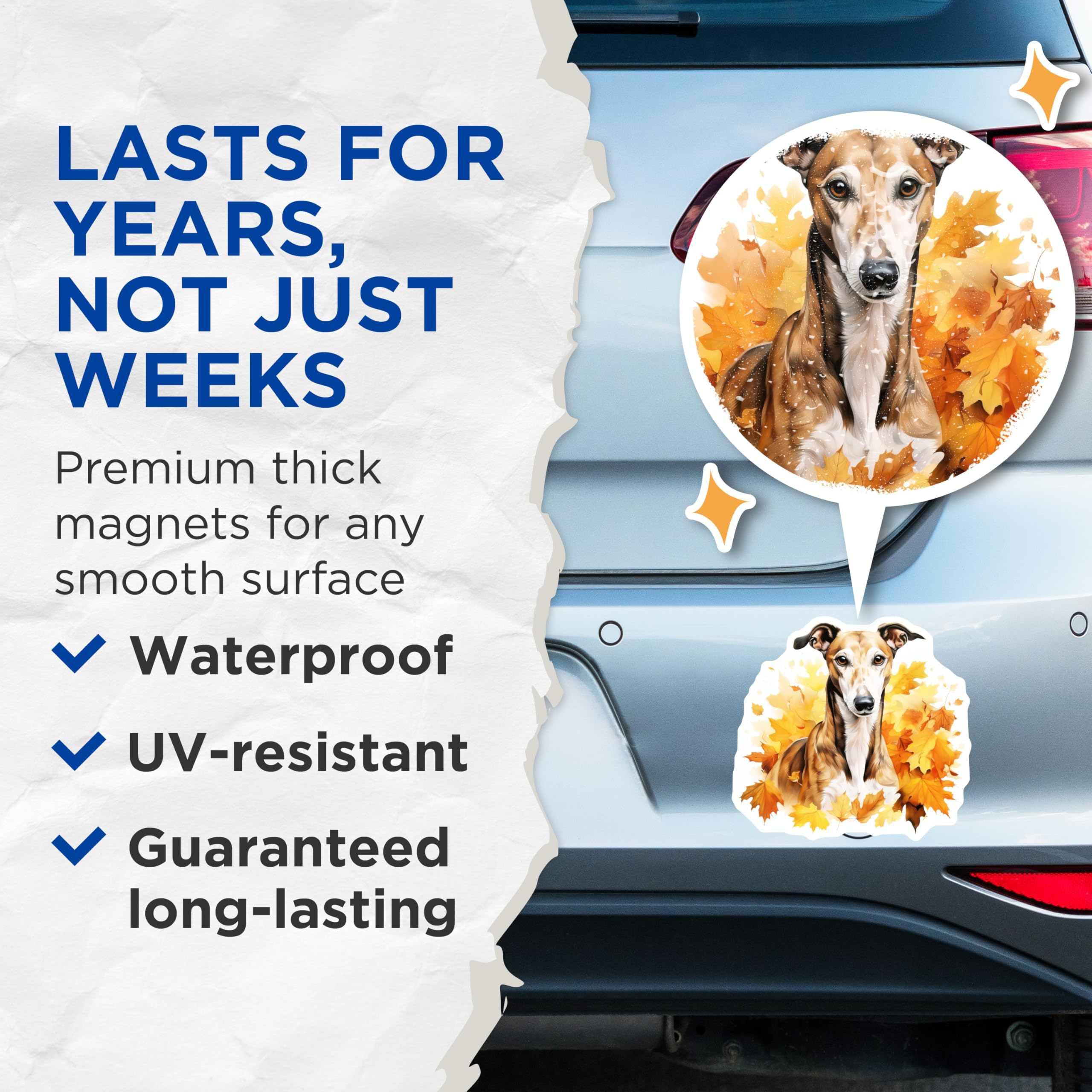(2 Pack) Greyhound Autumn Magnets - Fall Dog Decor - Whippet Pet Lover Art - 5 Inches On Longest Side - Thick Durable Magnet - Made in USA - MAG29565