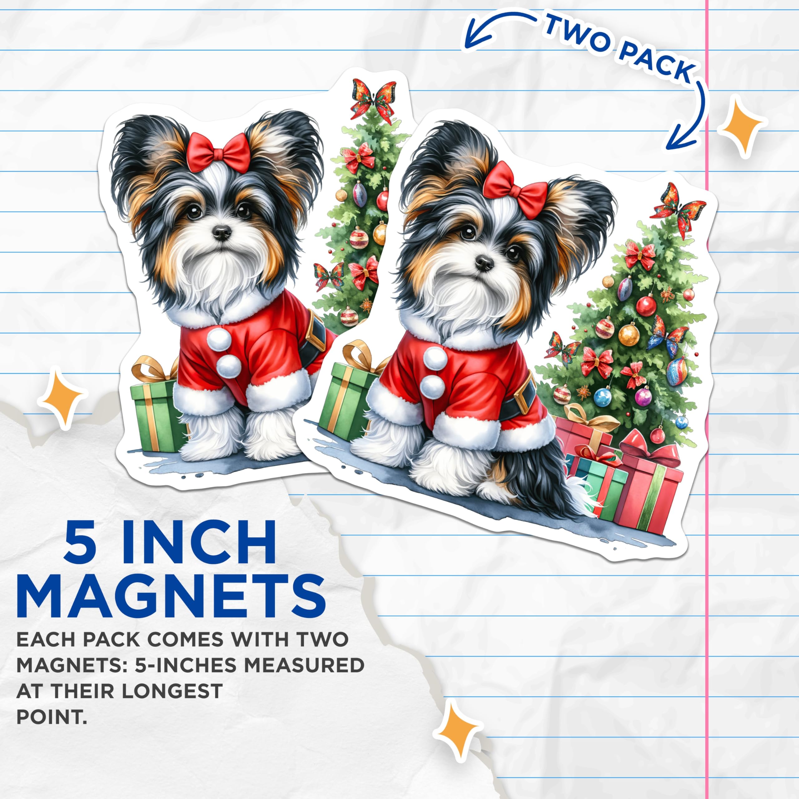 (2 Pack) Christmas Dog Magnets - Santa Puppy Pet Lover Decor - Biewer Terrier Holiday Art - 5 Inches On Longest Side - Thick Durable Magnet - Made in USA - MAG25815
