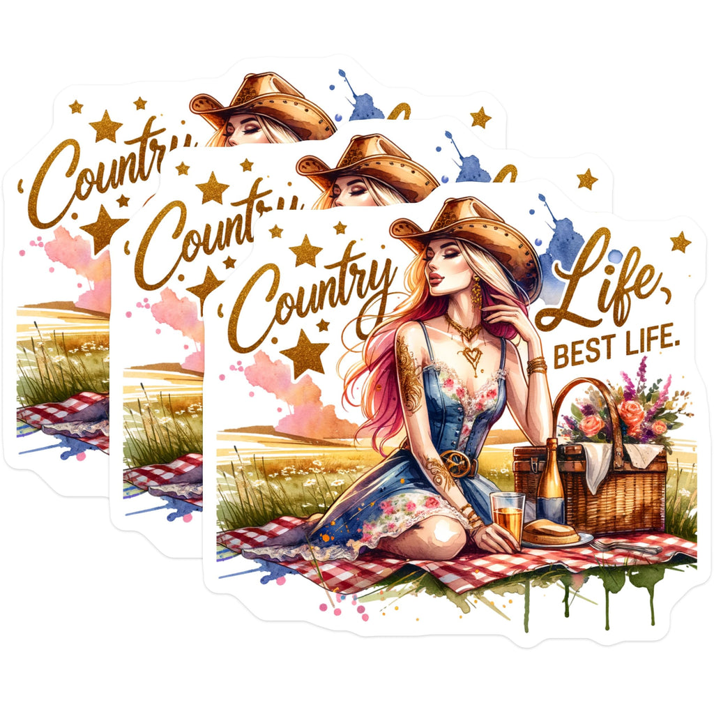 (3 Pack) Country Life Decals - Cowgirl Picnic - Western Laptop Decal- 3 Inches On Longest Side - Easy Peel & Apply - Made in USA - 3MCS5346