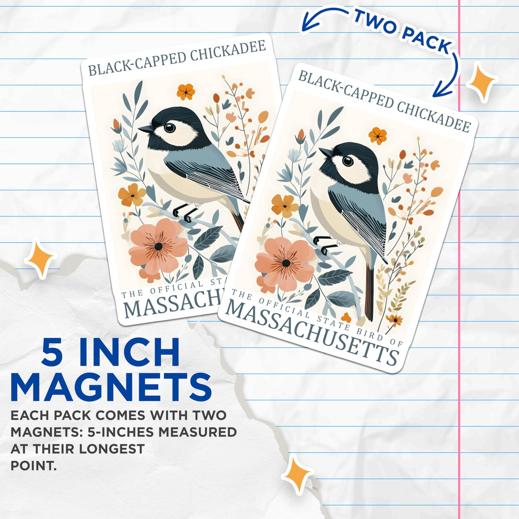 (2 Pack) Chickadee Magnets - Massachusetts State Bird - Bird Lover Decor - 5" On Longest Side - Premium Magnet - for Cars, Refrigerators, Toolboxes, Lockers - Made in USA - MAG17886