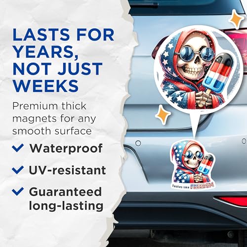 (2 Pack) Patriotic Skull Magnets - Tastes Like Freedom - USA Pride - Popsicle Design - 5" On Longest Side - for Cars, Fridges, Toolboxes - Made in USA - MAG7922
