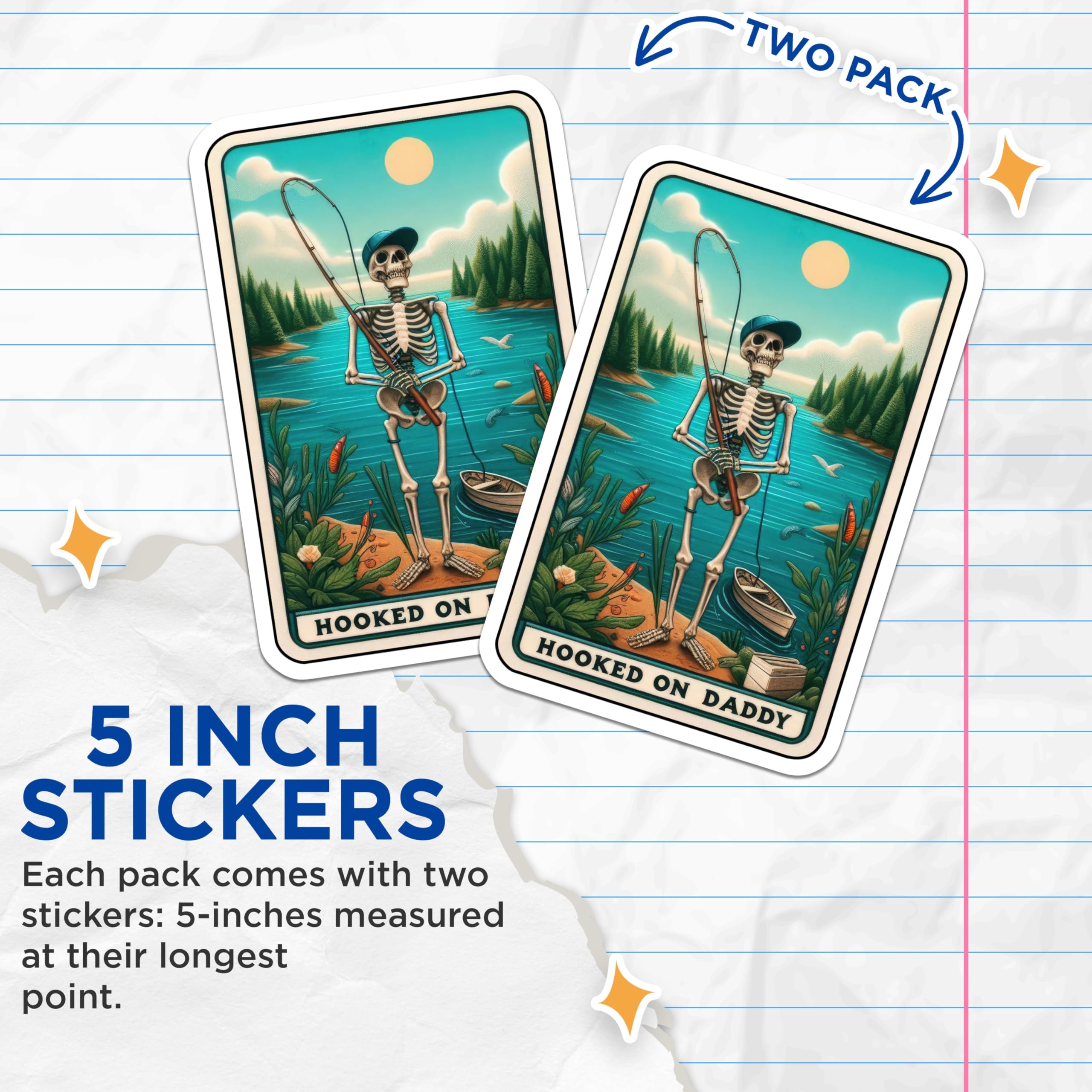 (2 Pack) Hooked on Daddy Stickers - Funny Fishing Dad Stickers - Skeleton Fisherman Decal for Father's Day - 5" On Longest Side - Sticks to Smooth Flat Surfaces - Made in USA - BMCS5068