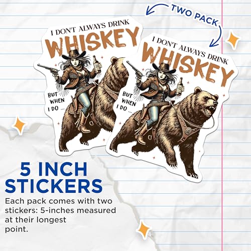 (2 Pack) Cowgirl Whiskey Bear Stickers - Funny Drinking Meme - Western Humor Decal - 5" On Longest Side - Sticks to Smooth Flat Surfaces - Made in USA - BMCS7117