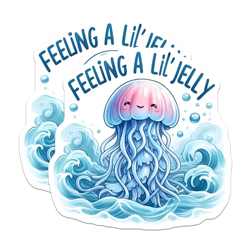 (2 Pack) Feeling A Lil Jelly Stickers - Cute Sea Creature - Ocean Theme - Illustrated Jellyfish - 5" On Longest Side - Sticks to Smooth Flat Surfaces - Made in USA - BMCS6249