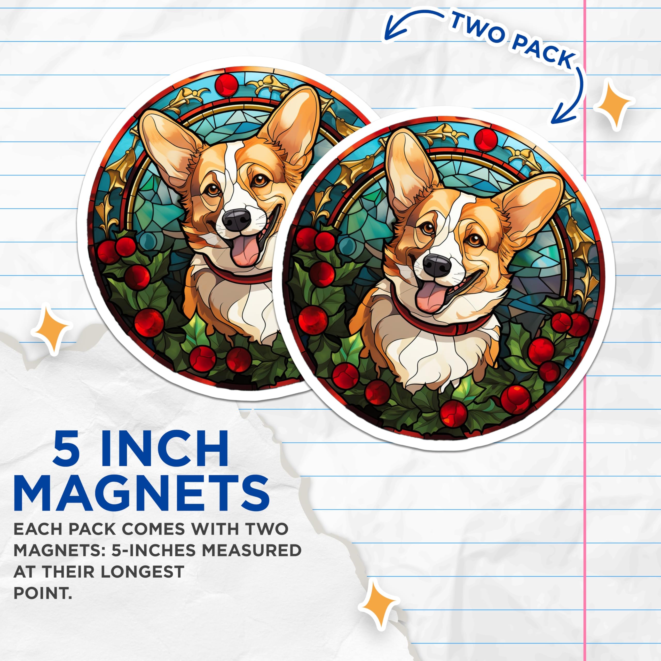 (2 Pack) Stained Glass Corgi Magnets - Christmas Dog Decor - Holiday Pet Lover Present - 5 Inches On Longest Side - Thick Durable Magnet - Made in USA - MAG30425