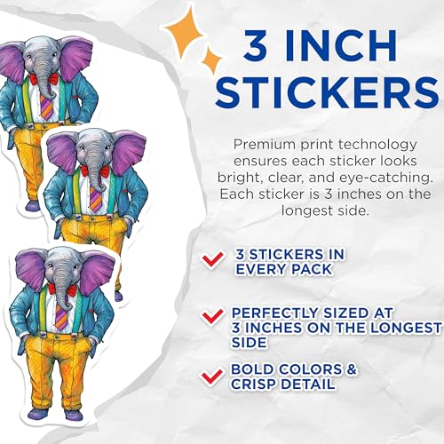 (3 Pack) Dressed Elephant Decals - Animal Decals - Funny Animal Art - 3 Inches On Longest Side - Easy Peel & Apply - Made in USA - 3MCS8272