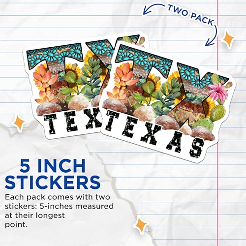 (2 Pack) Texas Stickers - TX Decal - Lone Star State - Western Theme Sticker - Southwest Vinyl Stickers - 5" On Longest Side - Sticks to Smooth Flat Surfaces - Made in USA - BMCS5810