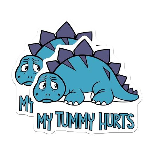 (2 Pack) My Tummy Hurts Stickers - Sad Dinosaur Stickers - Cute Animal Stickers for Kids - Fun Tummy Ache - 5" On Longest Side - Sticks to Smooth Flat Surfaces - Made in USA - BMCS6743