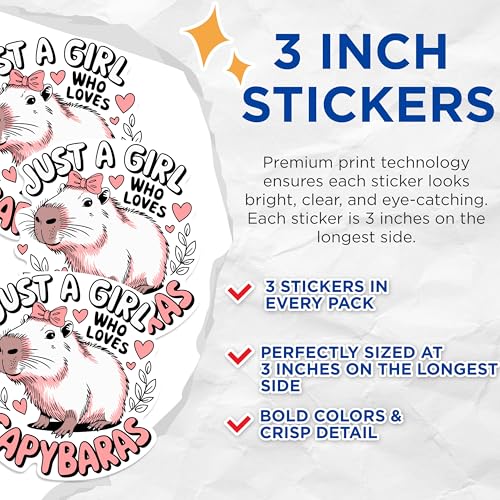 (3 Pack) Capybara Decals - Cute Animal Stickers - Just a Girl Who Loves Capybaras Laptop Decal - 3 Inches On Longest Side - Easy Peel & Apply - Made in USA - 3MCS0956