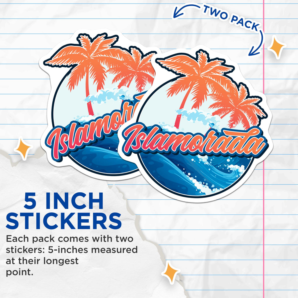(2 Pack) Islamorada Stickers - Florida Keys Travel - Palm Tree Decals - 5" On Longest Side - Sticks to Smooth Flat Surfaces - Made in USA - BMCS17947