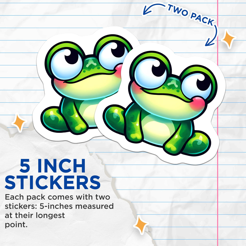 (2 Pack) Cute Frog Stickers - Kawaii Amphibian Decal - Happy Green Animal Art - 5" On Longest Side - Sticks to Smooth Flat Surfaces - Made in USA - BMCS21139