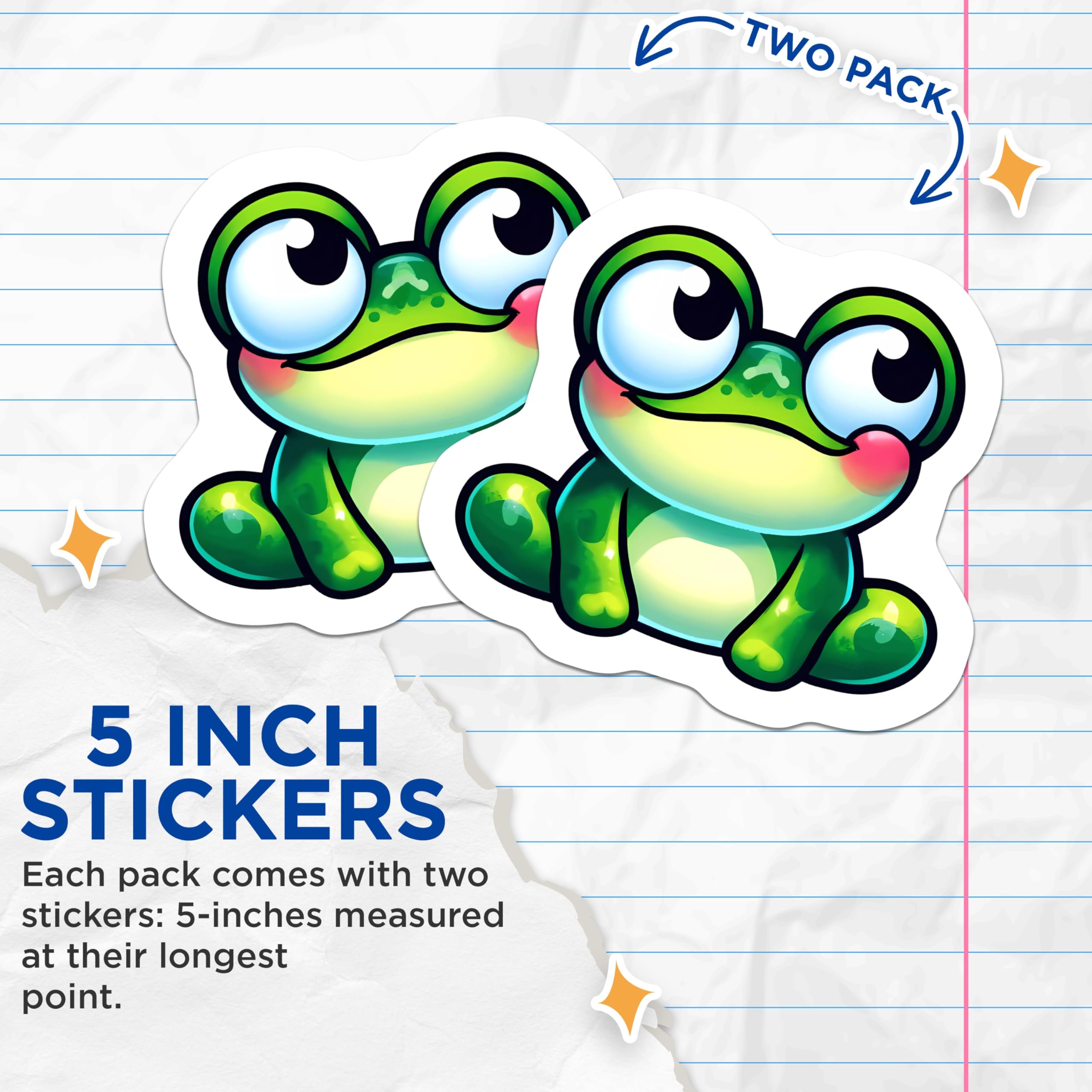 (2 Pack) Cute Frog Stickers - Kawaii Amphibian Decal - Happy Green Animal Art - 5" On Longest Side - Sticks to Smooth Flat Surfaces - Made in USA - BMCS21139