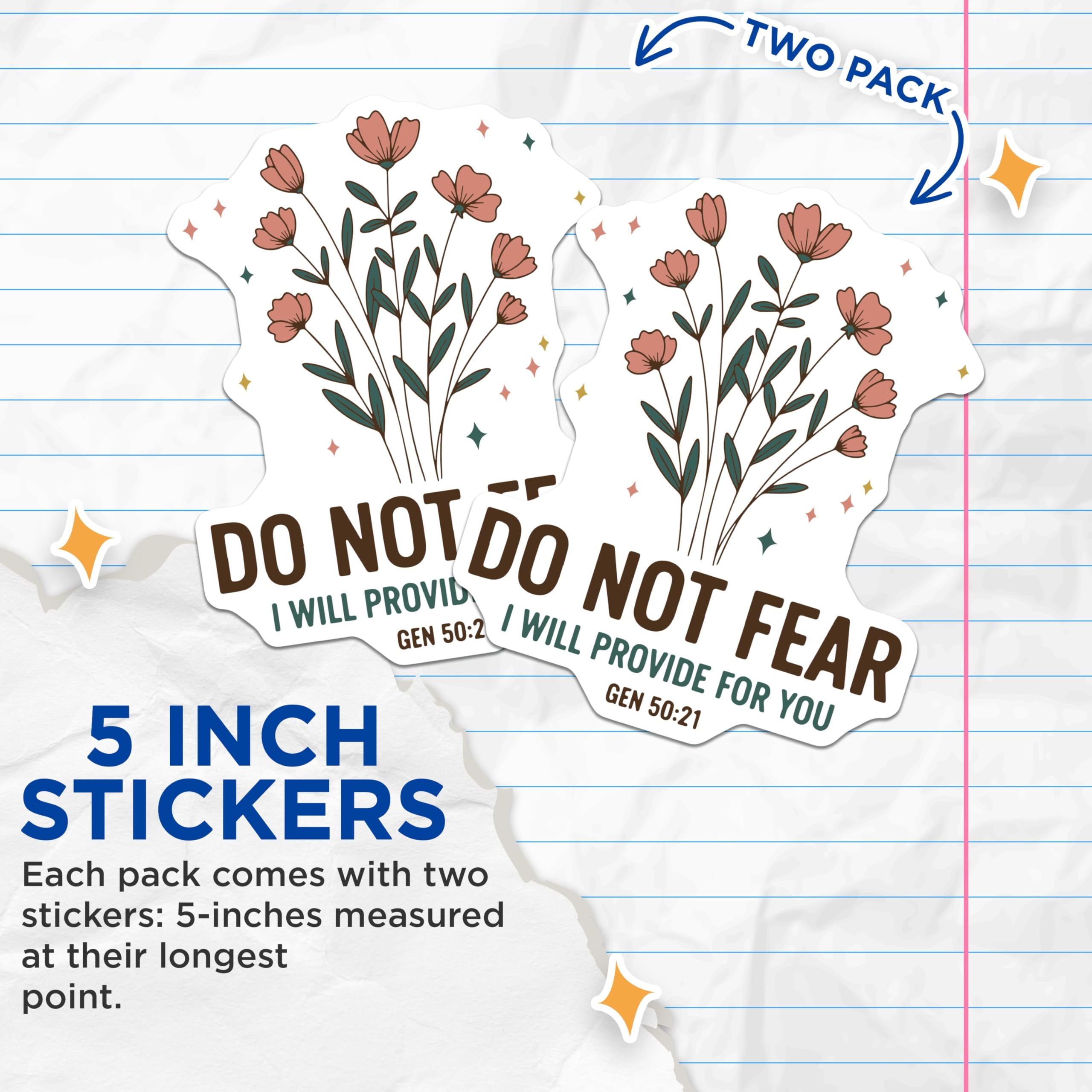 (2 Pack) Bible Verse Stickers - Do Not Fear Scripture - Floral Inspirational Sticker - 5" On Longest Side - Sticks to Smooth Flat Surfaces - Made in USA - BMCS14488