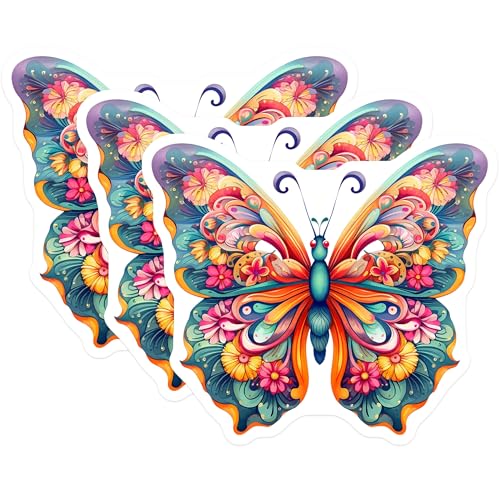 (3 Pack) Butterfly Decals - Floral Butterfly Decal - Laptop Decal - Colorful Decals - 3 Inches On Longest Side - Easy Peel & Apply - Made in USA - 3MCS2569