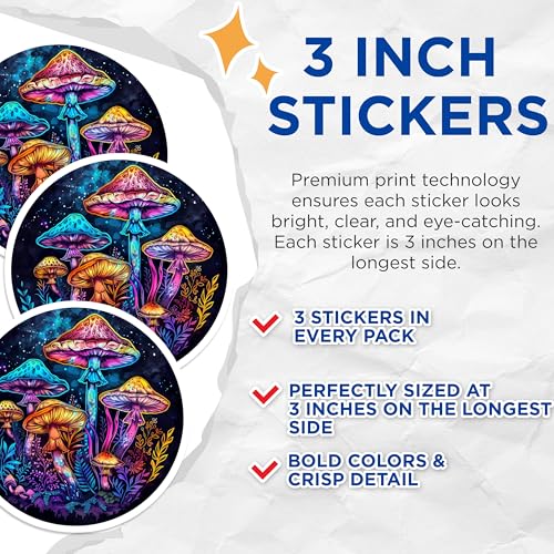 (3 Pack) Mushroom Decals - Psychedelic Art - Laptop Decal - Fungi Stickers- 3 Inches On Longest Side - Easy Peel & Apply - Made in USA - 3MCS5575