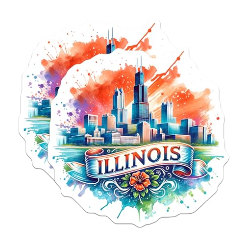 (2 Pack) Illinois Cityscape Stickers - Chicago Skyline Art - Illinois Travel Decal - 5" On Longest Side - Sticks to Smooth Flat Surfaces - Made in USA - BMCS7007