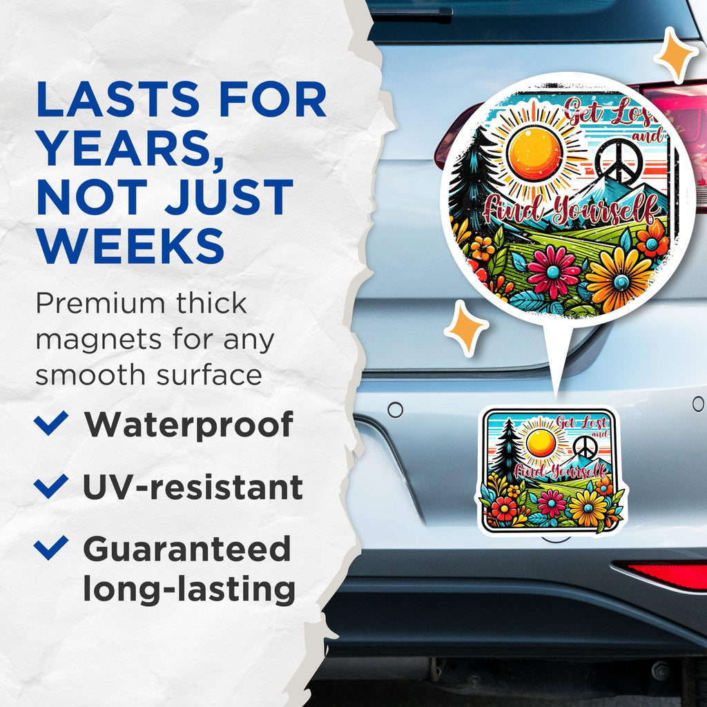 (2 Pack) Find Yourself Magnets - Get Lost and Find Yourself - Inspirational - Vibrant Floral - 5" On Longest Side - for Cars, Refrigerators, Toolboxes, Lockers - Made in USA BMCS3273