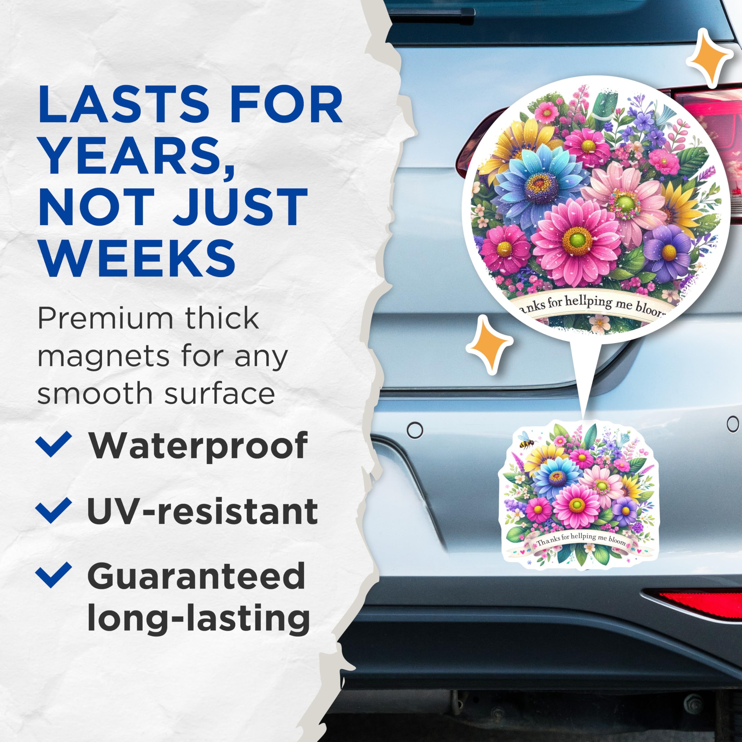 (2 Pack) Floral Thanks Magnets - Flower Bouquet Refrigerator Magnets - Appreciation Magnets - 5" On Longest Side - Premium Magnet - for Cars, Refrigerators, Toolboxes, Lockers - Made in USA - MAG16143