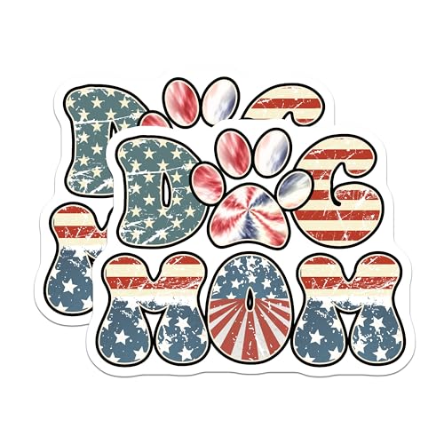 (2 Pack) Dog Mom Stickers - American Flag Decals - Patriotic Dog Owner Stickers - 5" On Longest Side - Sticks to Smooth Flat Surfaces - Made in USA - BMCS6038