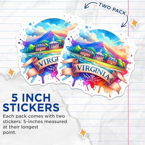 (2 Pack) Virginia Stickers - State Art - Colorful Watercolor Design - Travel Souvenir - Nature Landscape - 5" On Longest Side - Sticks to Smooth Flat Surfaces - Made in USA - BMCS7114