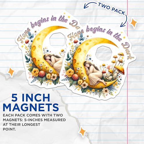 (2 Pack) Hope Begins in The Dark Magnets Magnets - Inspirational Quote - Moon and Floral Art - 5" On Longest Side - Made in USA - Sticks to Refrigerators & Metal Surfaces - MAG9040