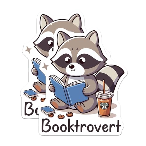 (2 Pack) Booktrovert Stickers - Cute Raccoon Reading - Animal Sticker - 5" On Longest Side - Sticks to Smooth Flat Surfaces - Made in USA - BMCS6219