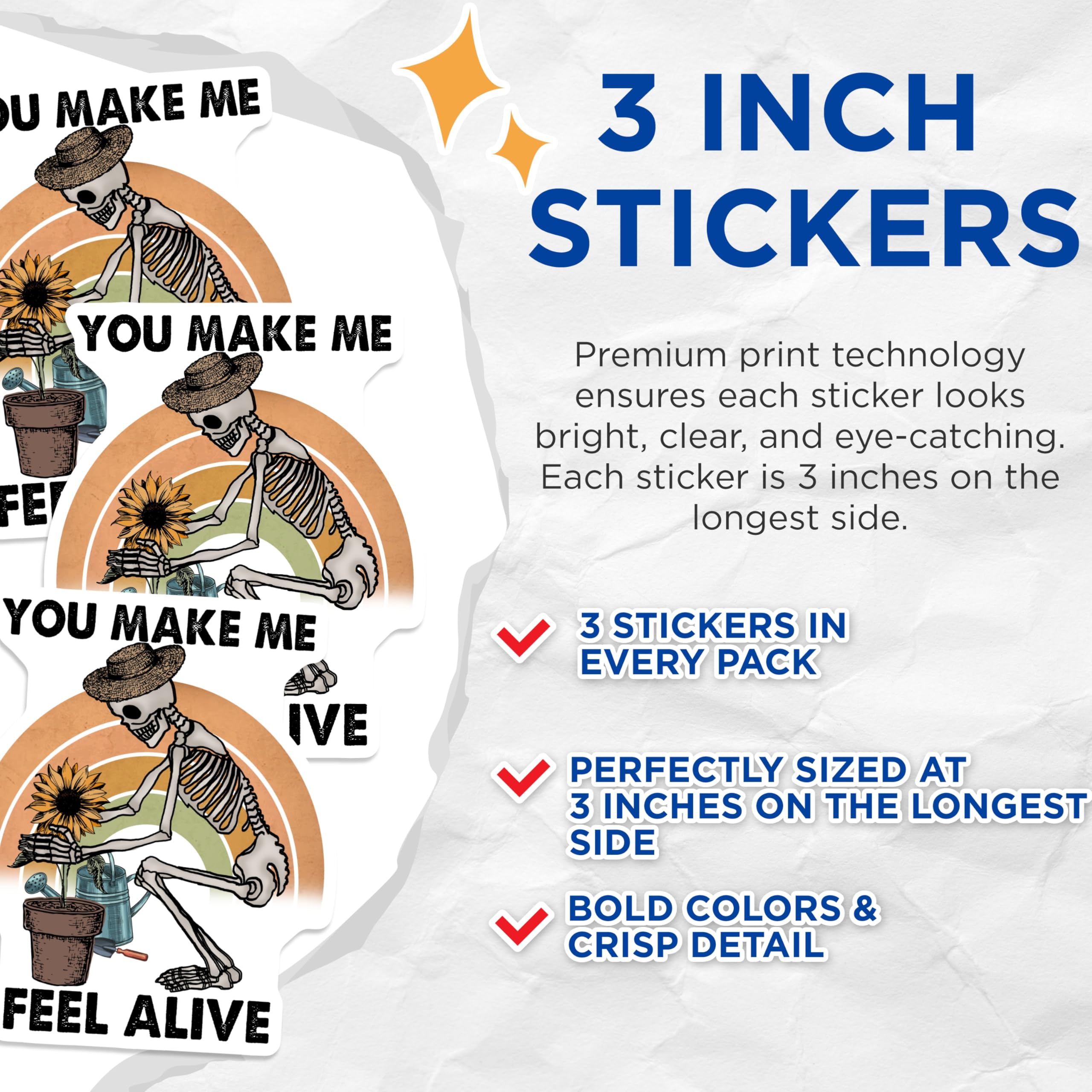 (3 Pack) Skeleton Gardener Decals - Sunflower Decals - You Make Me Feel Alive Stickers - 3 Inches On Longest Side - Easy Peel & Apply - Made in USA - 3MCS2943