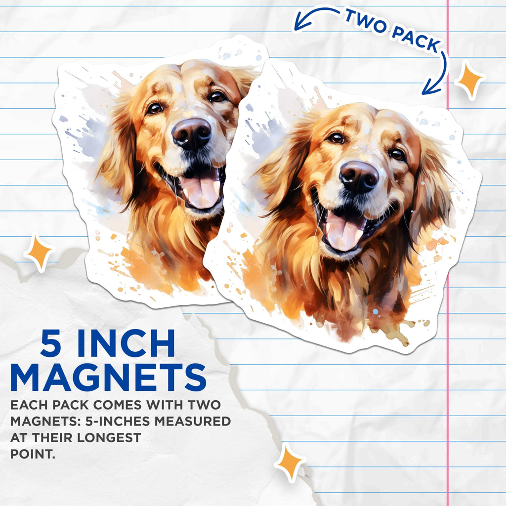 (2 Pack) Golden Retriever Magnets - Dog Lover Decor - Pet Art Home Accessory - 5 Inches On Longest Side - Thick Durable Magnet - Made in USA - MAG24111