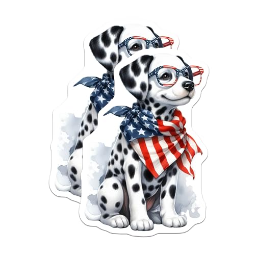 (2 Pack) Dalmatian Dog Stickers - Cute Puppy - American Flag Scarf - Playful Pet Decor - 5" On Longest Side - Sticks to Smooth Flat Surfaces - Made in USA - BMCS6440