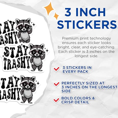 (3 Pack) Raccoon Decals - Stay Trashy - Cool Animal Stickers - 3 Inches On Longest Side - Easy Peel & Apply - Made in USA - 3MCS2346