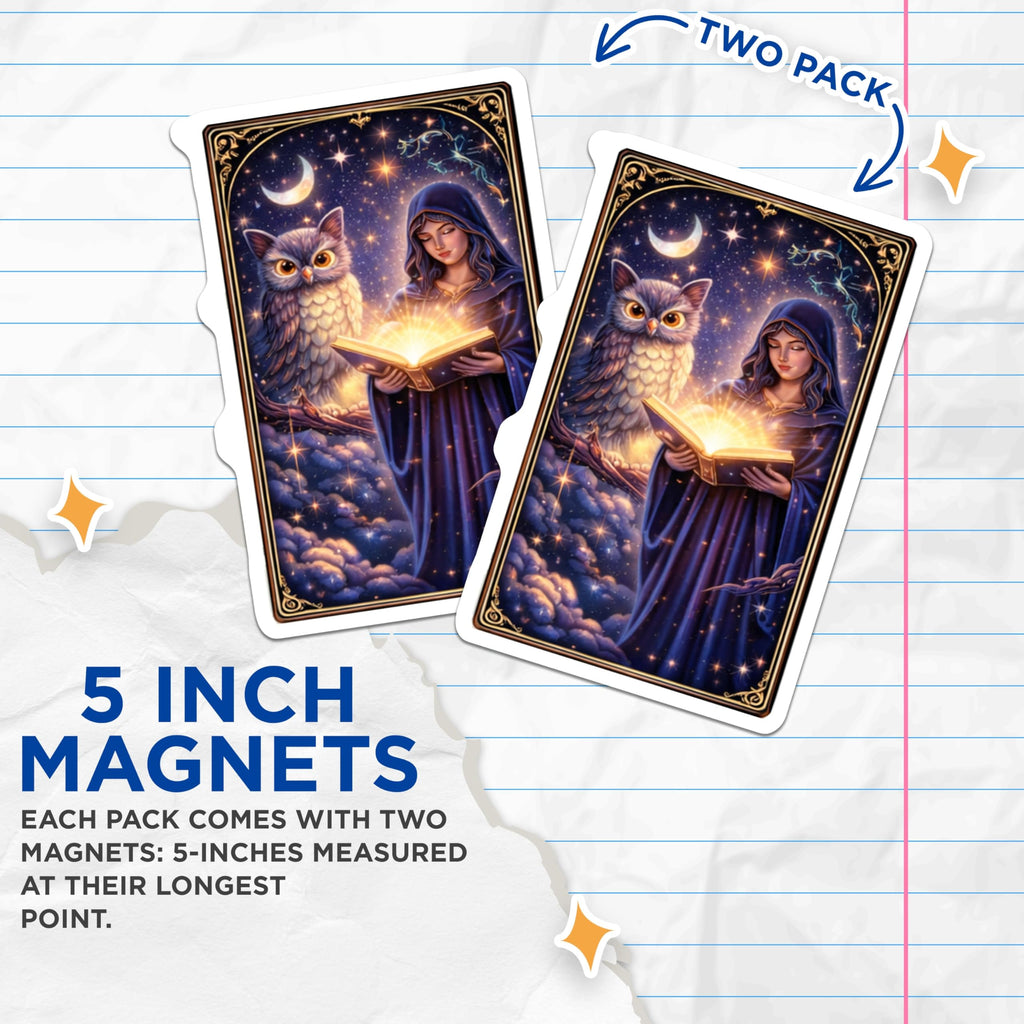 (2 Pack) Witch Owl Magnets - Reading Book - Celestial Scene - 5" On Longest Side - Premium Magnet - for Cars, Refrigerators, Toolboxes, Lockers - Made in USA - MAG14743