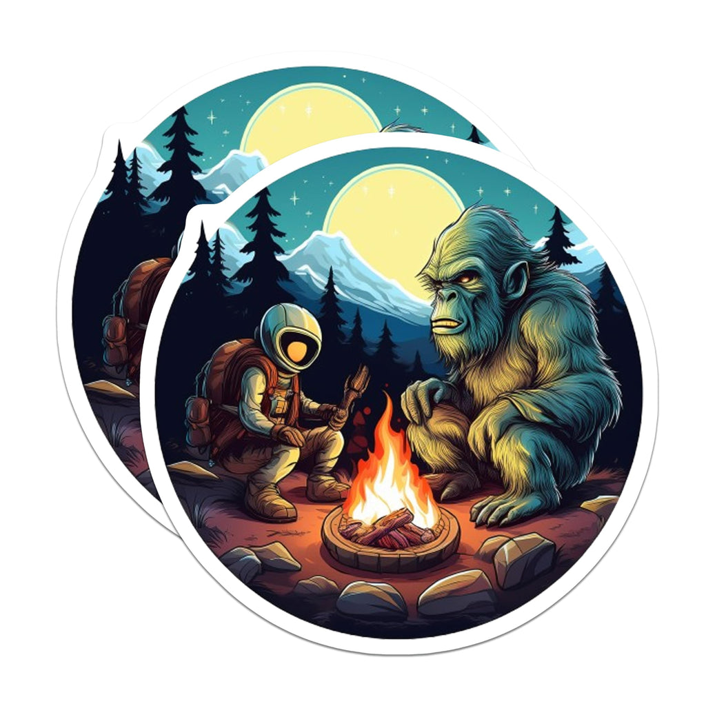 (2 Pack) Bigfoot Magnets - Astronaut Campfire Scene - Mountain Wilderness Explorer - Cryptid Folk Art Decor - 5 Inches On Longest Side - Thick Durable Magnet - Made in USA - MAG21723
