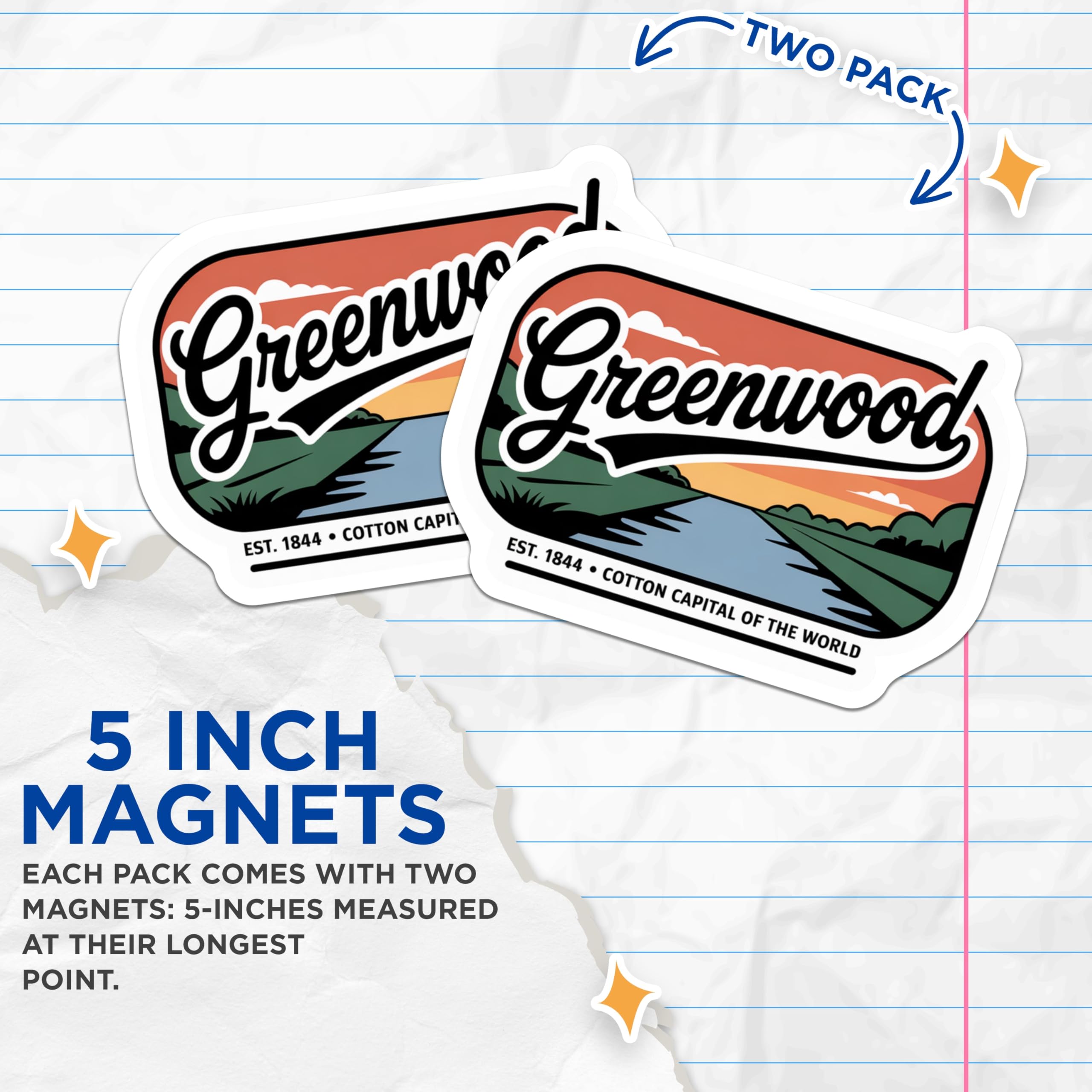 (2 Pack) Greenwood Magnets - Cotton Capital of World - Retro Travel Sticker Art - 5 Inches On Longest Side - Thick Durable Magnet - Made in USA - MAG19168