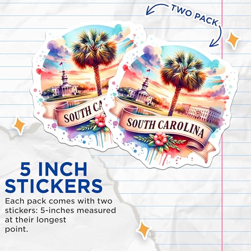 (2 Pack) South Carolina Stickers - State Pride Decals - Southern Charm Art - 5" On Longest Side - Sticks to Smooth Flat Surfaces - Made in USA - BMCS6816