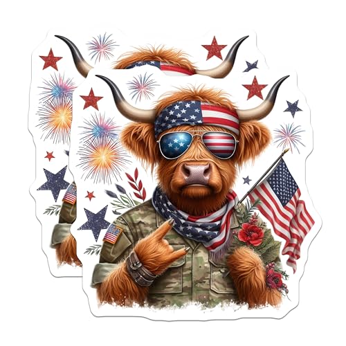 (2 Pack) Patriotic Cow Stickers - American Flag - Fireworks - 5" On Longest Side - Sticks to Smooth Flat Surfaces - Made in USA - BMCS6358