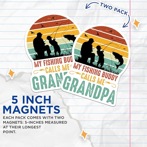 (2 Pack) My Fishing Buddy Calls Me Grandpa Magnets - Retro Fishing Design - Fishing Gifts for Grandpa - Outdoor Magnets - 5" On Longest Side - for Cars, Fridges, Toolboxes - Made in USA - MAG4146