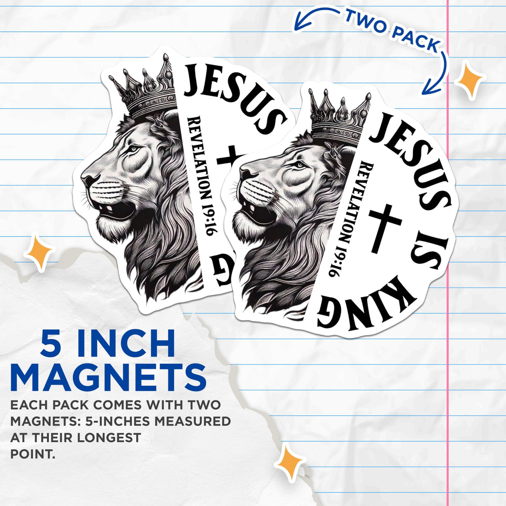 (2 Pack) Jesus Lion King Magnets - Christian Verse Revelation 19:16 - Religious Decor - 5" On Longest Side - Premium Magnet - for Cars, Refrigerators, Toolboxes, Lockers - Made in USA - MAG14039