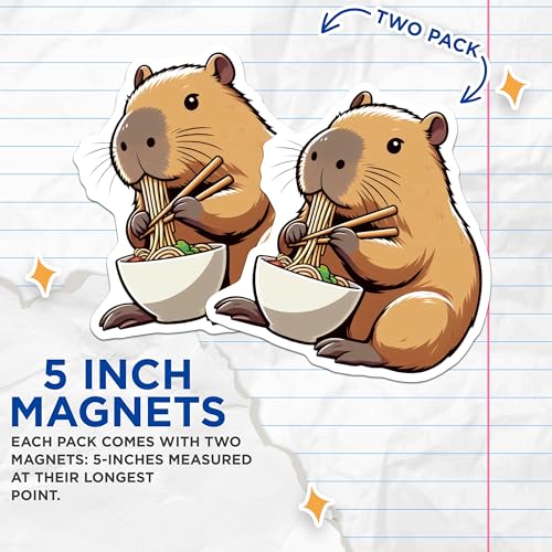 (2 Pack) Illustrated Capybara Art Magnet - Kitchen Fridge Decor - 5" On Longest Side - Sticks to Smooth Flat Surfaces - Made in USA - MAG9921