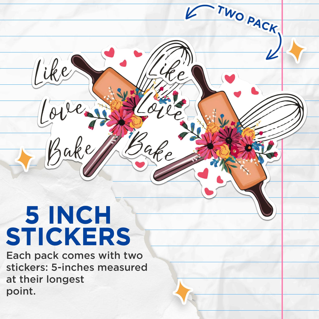 (2 Pack) Like Love Bake Stickers - Baking Themed Stickers - Floral Rolling Pin and Whisk Stickers - 5" On Longest Side - Sticks to Any Smooth Flat Surface - Made in USA - BMCS2994