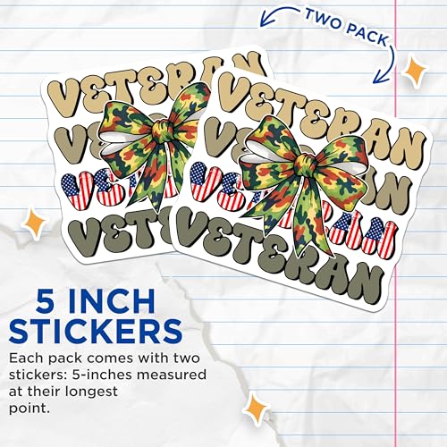 (2 Pack) Veteran Stickers - Military Support - Camouflage Bow - 5" On Longest Side - Sticks to Smooth Flat Surfaces - Made in USA - BMCS8366